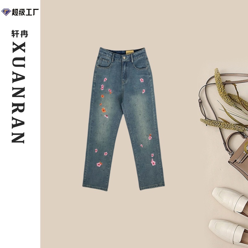 秋刺繍ダイヤモンドヘビーデューティストレートカジュアルジーンズ RN26|undefined