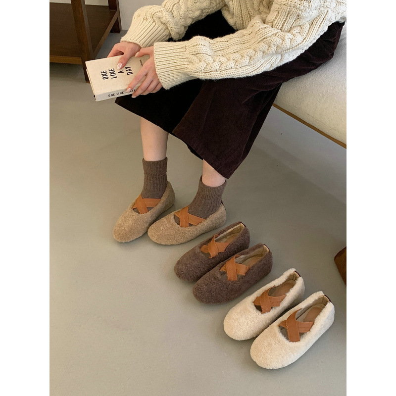 丹麦小熊~加绒交叉带芭蕾舞鞋内增高5cm玛丽珍单鞋女毛毛鞋