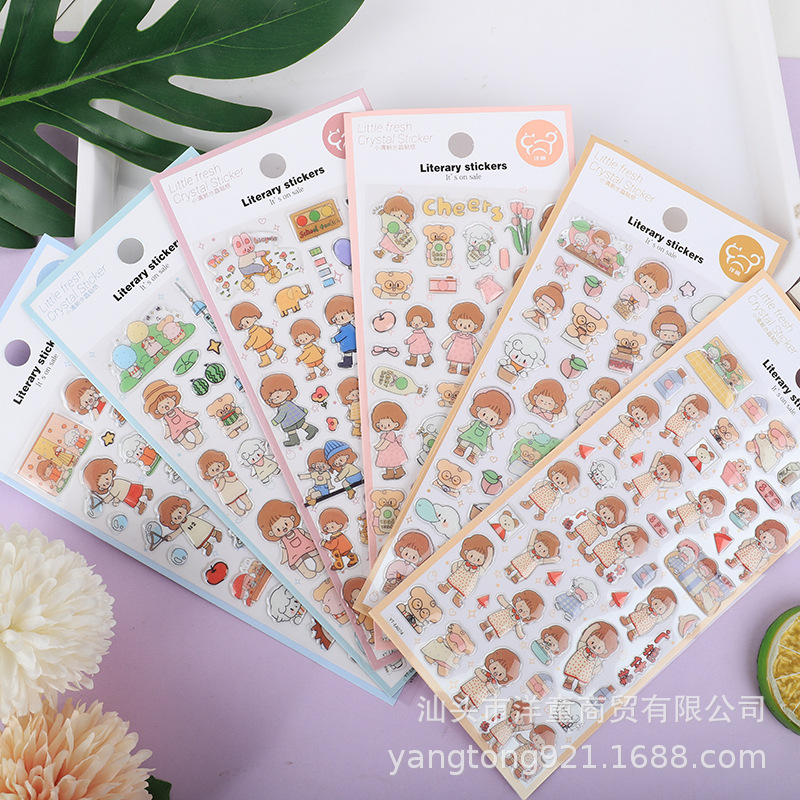 YTEA立體小女孩貼紙卡通可愛兒童幹飯人清新手帳機裝飾透明畫批發
