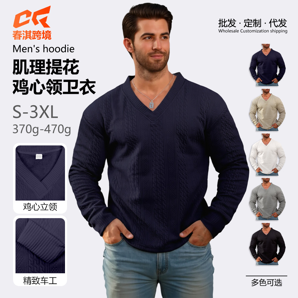 Transfronterizo Europa y América Amazon primavera y otoño ropa de hombre Jacquard de color sólido camiseta de fondo suelta de cuello V camiseta deportiva casual hombre