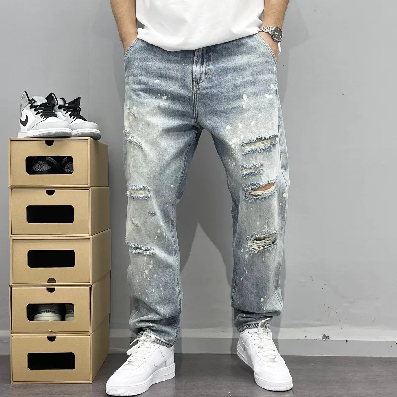 Cross-Border Washed Light Blue Ripped Jeans Men's Straight American High Street Fashion Brand Tattered Beggar Pants Thin Trousers