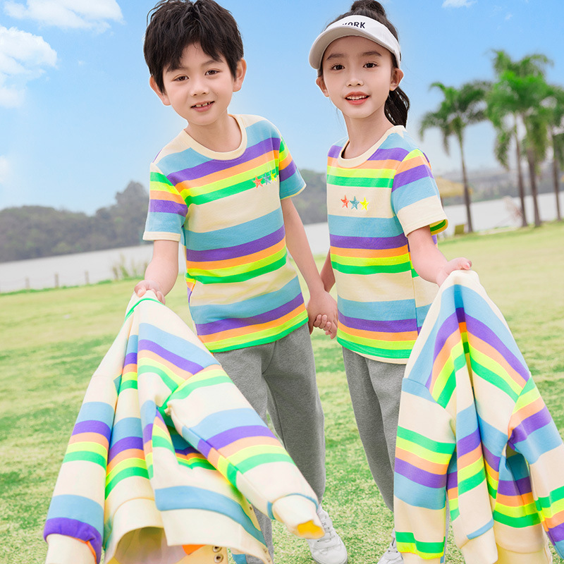 幼儿园园服学生校服春夏四件套彩虹条套装洋气班服运动装休闲套装