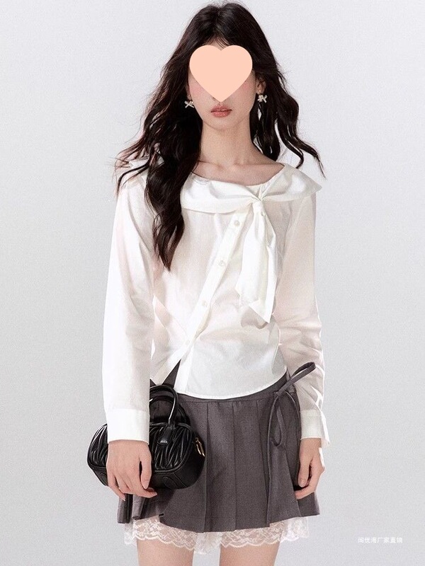 2025 New Autum Style French Gentle Bow Strap Oblique Placket Doll Collar Long Sleeve Shirt Women's Off-Shoulder