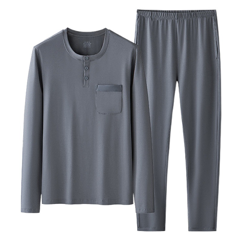 Pijamas de hombre de otoño e invierno de modal de algodón ligero de lujo traje casual de manga larga estilo fino de color puro se puede usar fuera de la ropa del hogar