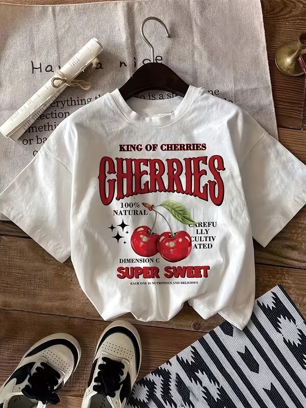【Cross-Border European Size】Vintage Style Cherry Graphic T-Shirt Cherry Red Letter T-Shirt Aesthetic Short