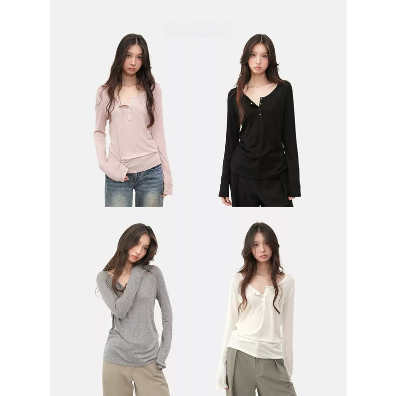 CookABid Lyocell Wool Silver Button Loose Fit Henley T-Shirt