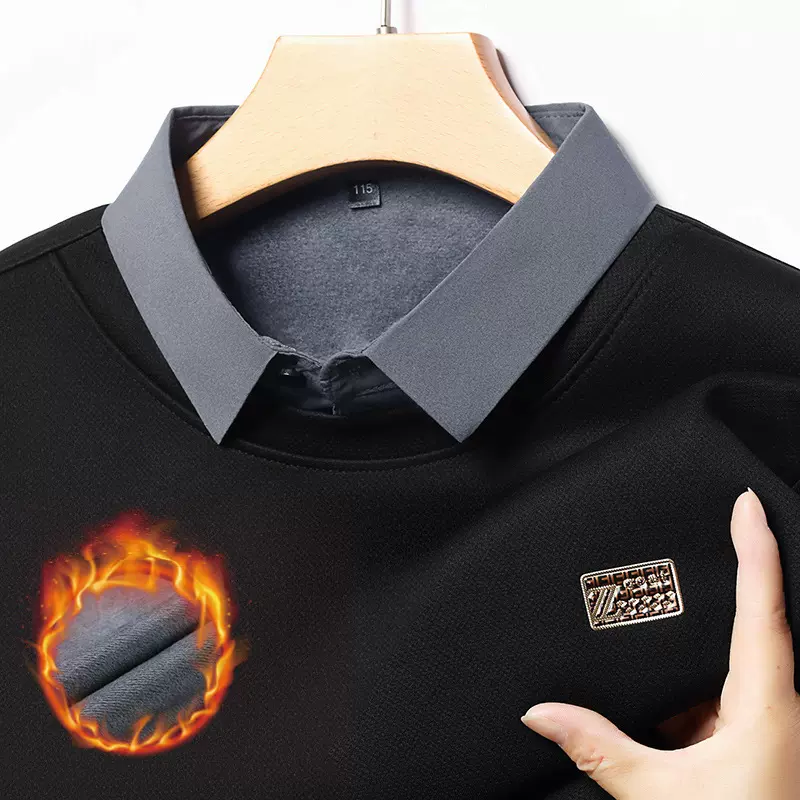 2025男士Polo衫加绒加厚秋冬新款时尚休闲保暖翻领假两件长袖上衣