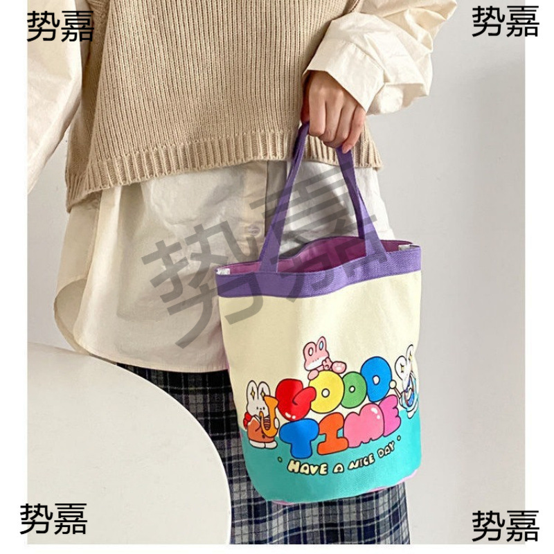 可爱插画水桶手提韩风少女心妈咪便当袋上班小拎包童趣涂鸦帆布包|undefined