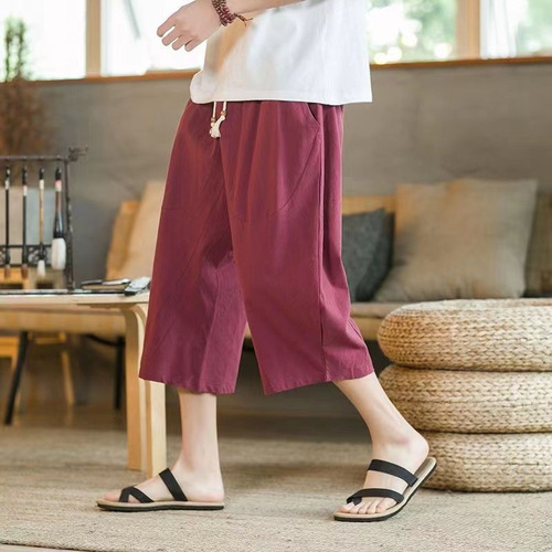 Cotton Linen Loose Fit Unisex Linen 7/8 Pants Chinese Style Summer Wear Trend Brand Thin Hem Flared Casual Short Pants