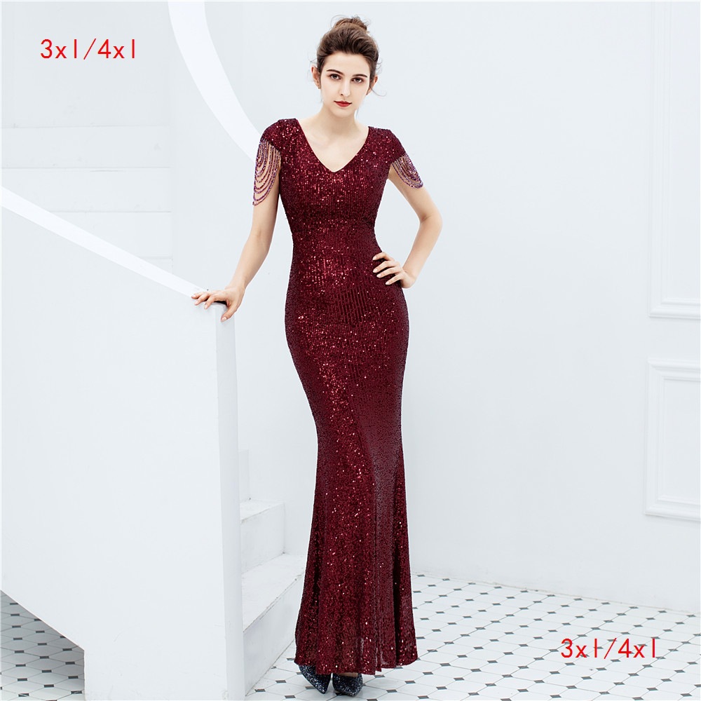 16221-S#3XL4XL Long Sequin Plus Size Fat Size Fat Beauty Performance Costsize Banquet Evening Dress