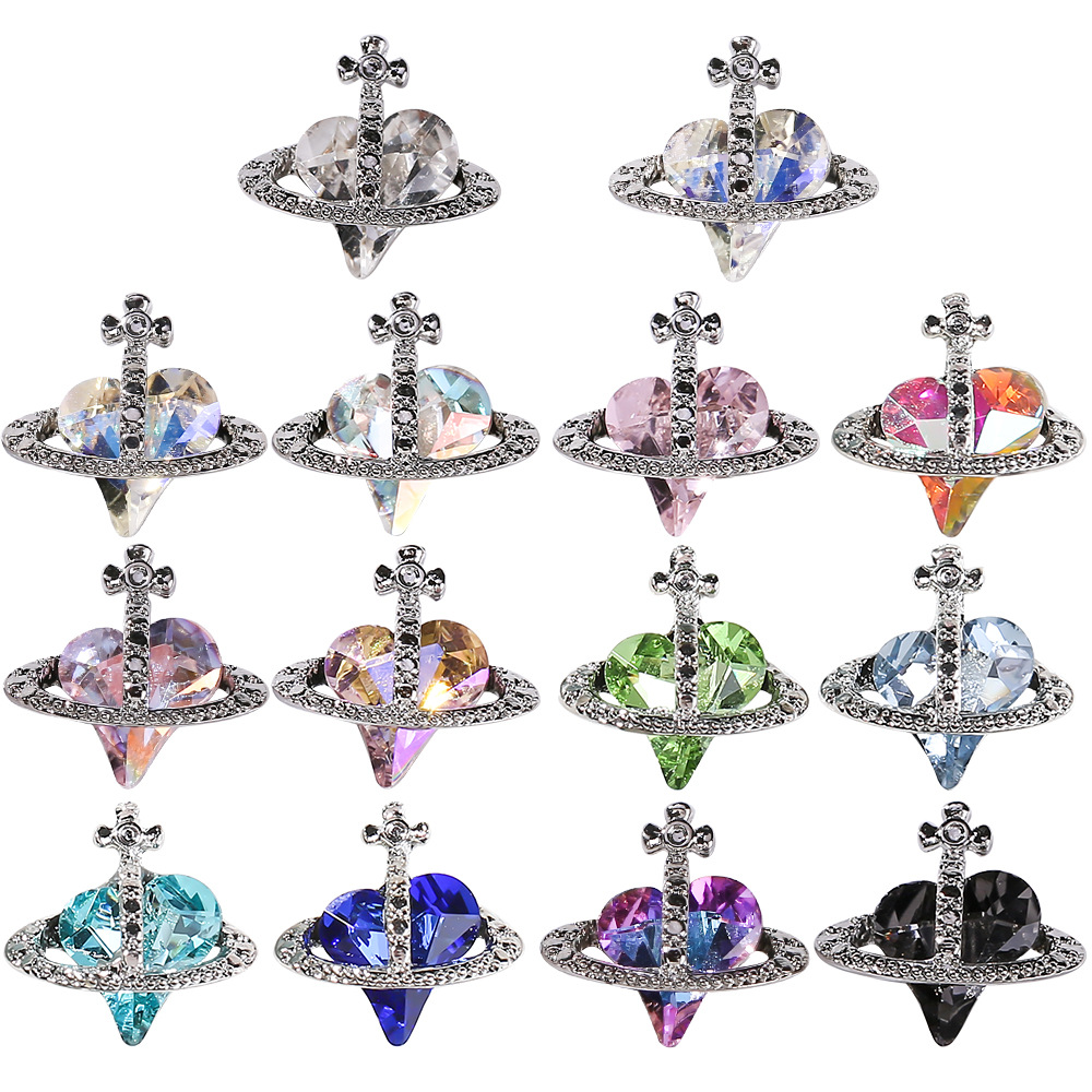 En línea celebridad reina madre uñas aleación joyería torcida melocotón corazón diamante retro estilo oscuro plata uñas accesorios de diamantes decorativos