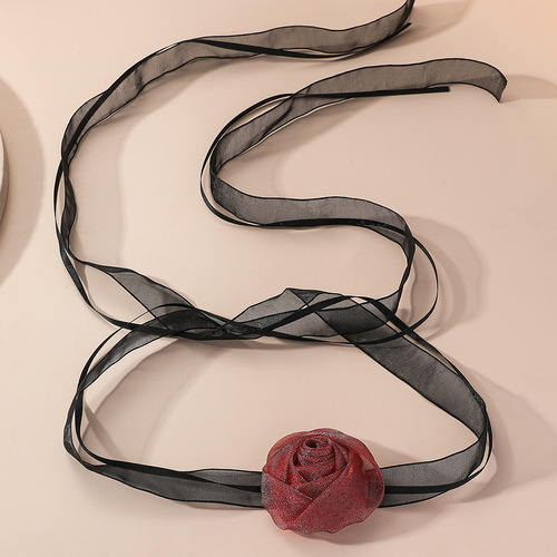 Retro exaggerated burgundy black and white rose flower necklace dinner tie choker neck strap choker