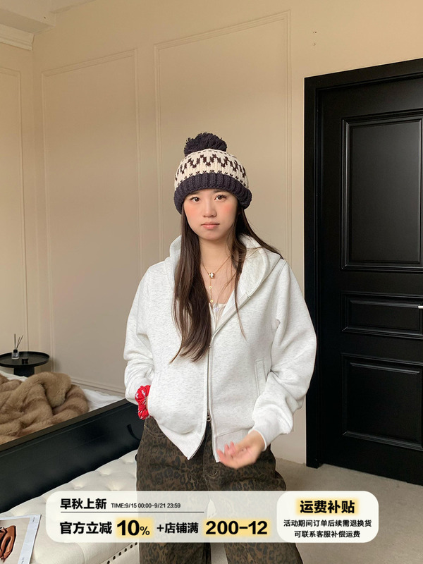 橘子树在哪儿灰色短款连帽卫衣外套女秋季款宽松慵懒风双拉链开衫|undefined
