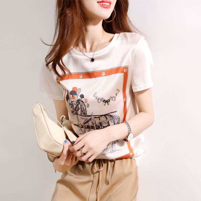AB impreso de manga corta de verano impreso camiseta de las mujeres blancas de reducción de edad elegante adelgazar superior de secado rápido todo partido redondo image 3