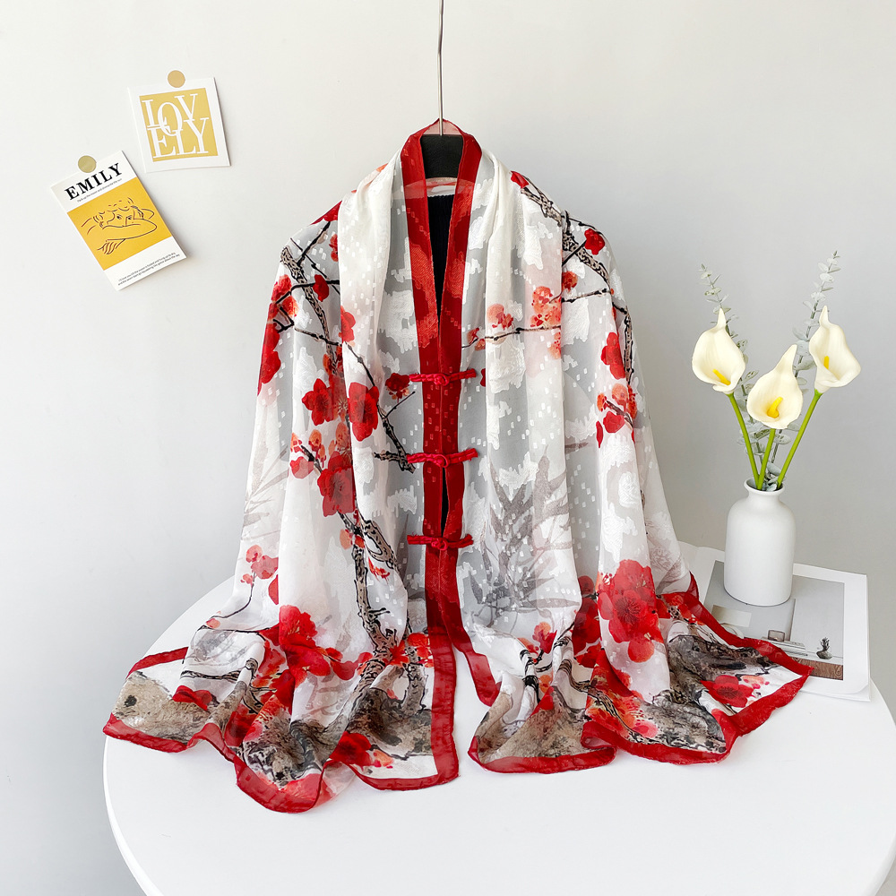 Neuer Sonnenschutz-Schal aus hohlem Seidenschal für Damen mit Pfingstrosen-Print in Gold_voghion.com