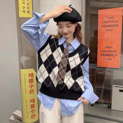 学院风学生菱格毛衣背心女春秋外搭衬衫叠穿针织马甲jk制服裙套装