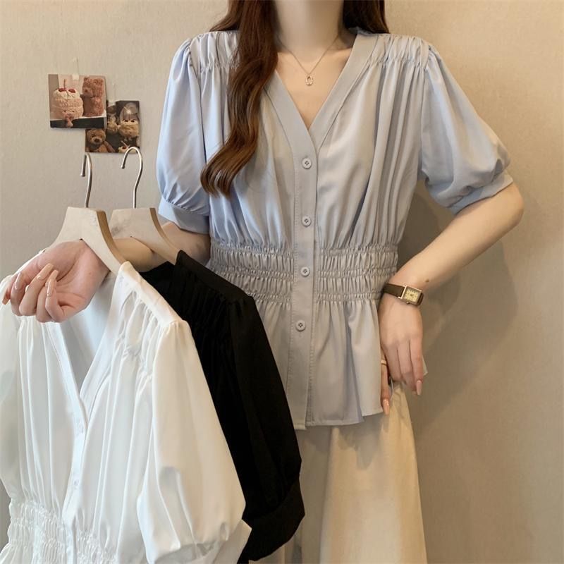 大码女装夏季衬衫女2025新款短袖纯色上衣女收腰显胖妹妹|undefined