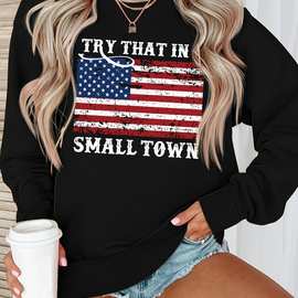 美式元素和口号图案运动衫，休闲长袖圆领运动衫秋冬，女装