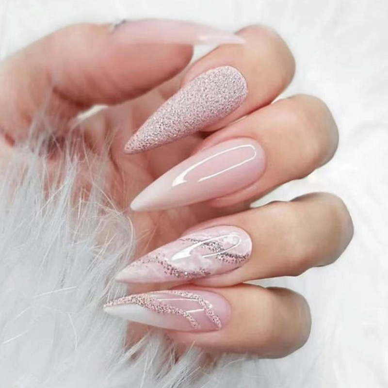 European and American Long Pointed Nails, Smudged Glitter Powder, Wearable Nails, Glitter Nail Art, Cross-Border Exclusive for Mid-Length Styles