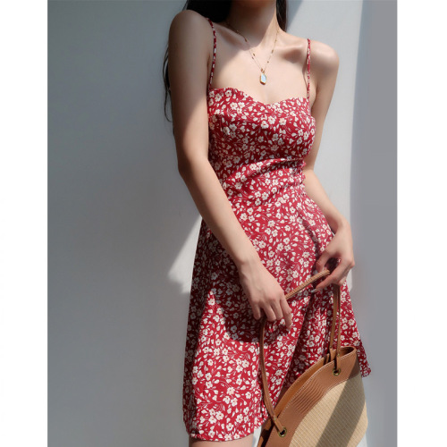 French retro girly V-neck red floral suspender skirt slim fit waist strap short skirt vacation dress