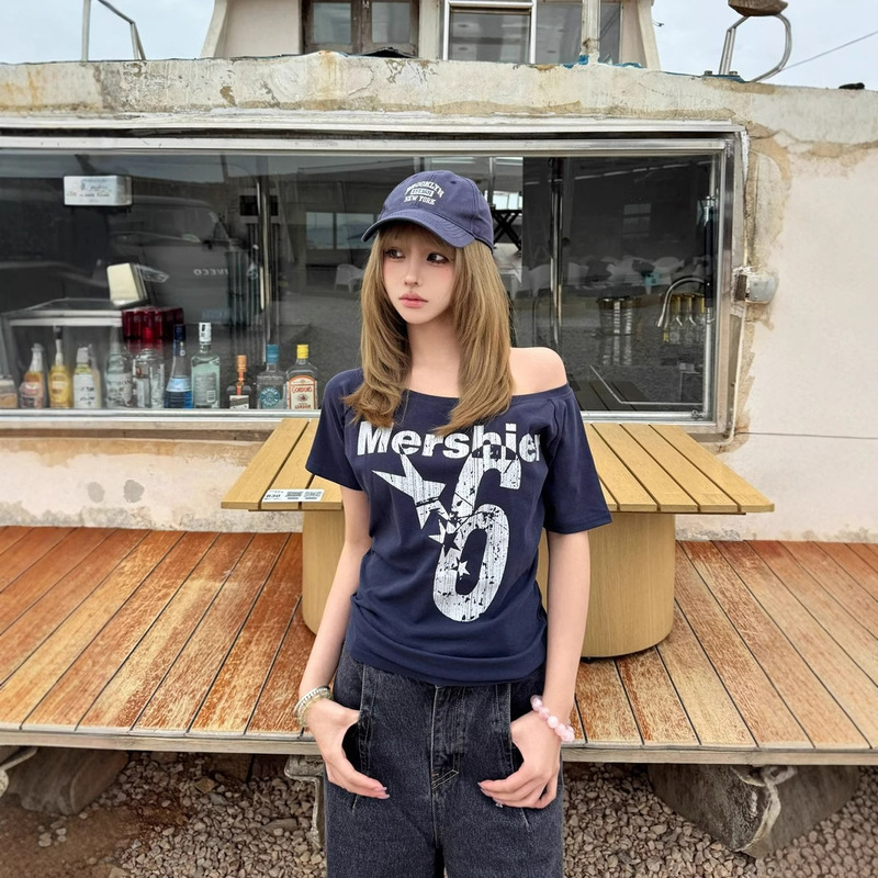 [40 cotton combed cotton 92 cotton 8 spandex 210 grams] American Spice Girls Shoulder Women's Summer Slim