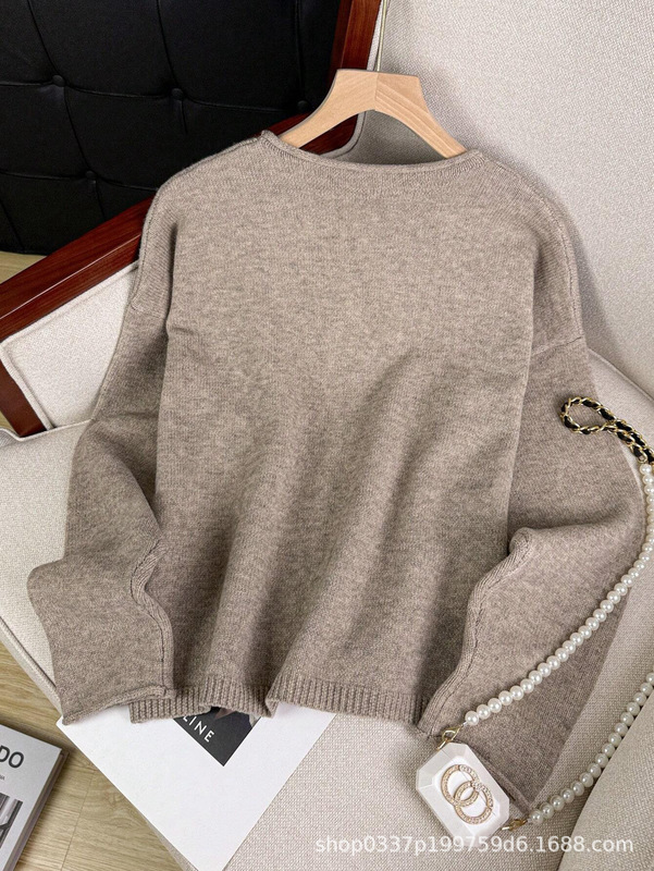 女士秋冬纯色针织开衫 卷边圆领扭扣 宽松毛衣外套 舒适百搭热卖|undefined