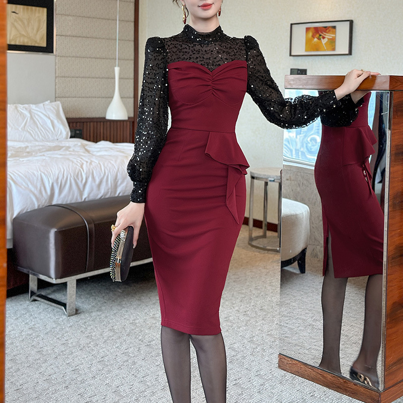 C-4564# 酒红色年会礼服...