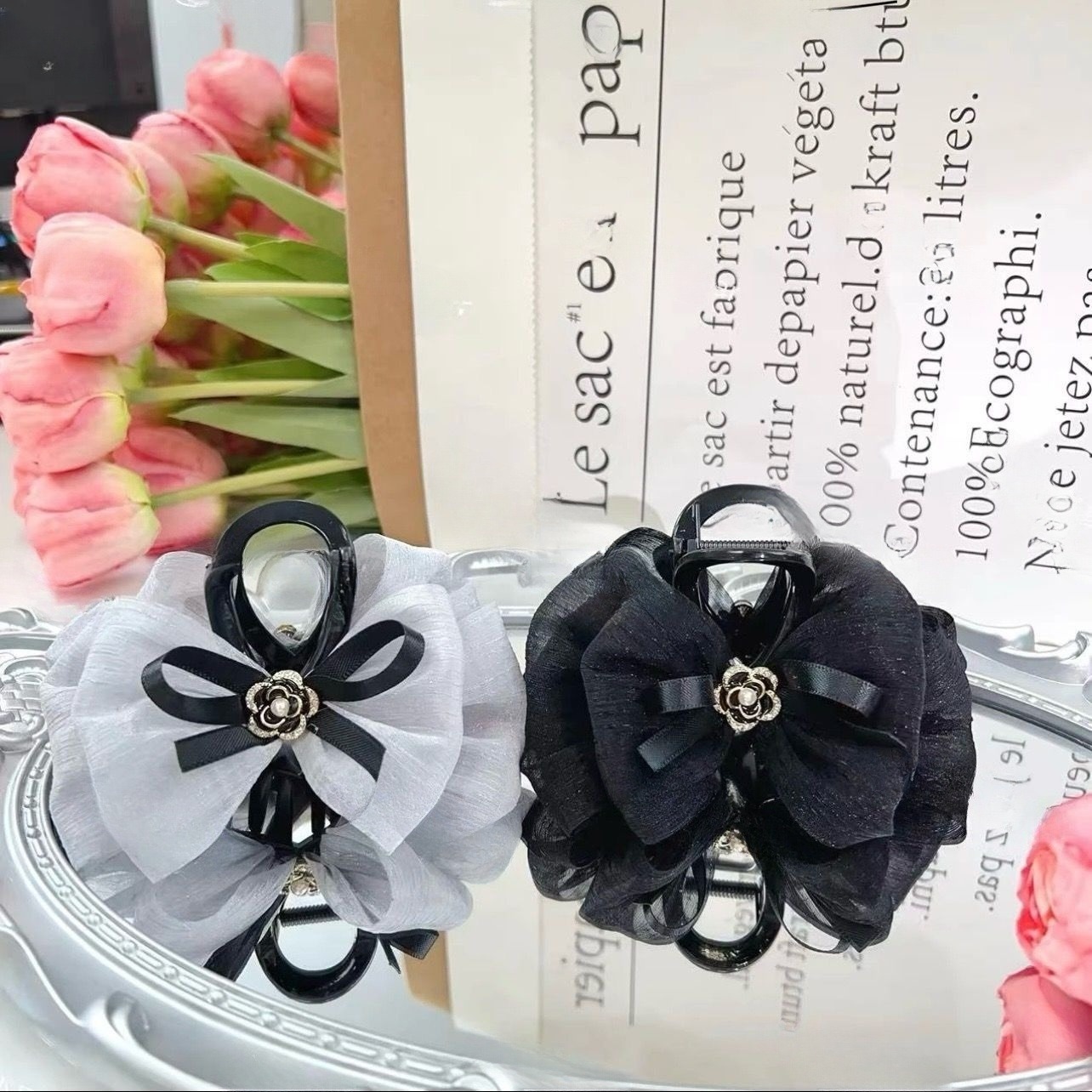 經典山茶花珠珠款AB面蝴蝶結鯊魚夾頭飾髮飾泡泡抓夾後腦勺盤髮夾