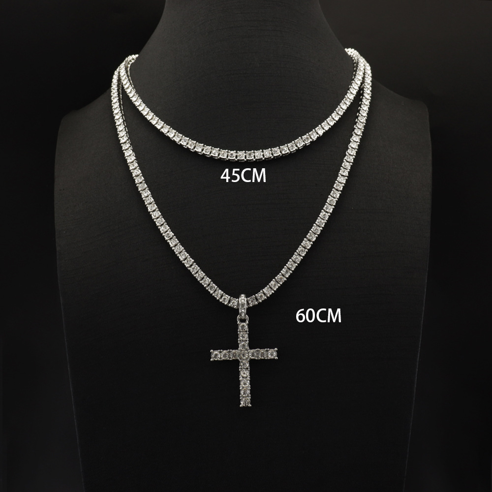 10g Weight Alloy Pendant Material Rhinestones Inlay Material Pendant Necklace Classification Alloy Chain Material Tennis Chain Chain Type Street Occasion Alloy Material Cross Pattern Unisex Gender Retro, Punk Style Ornament Simple  Style Full Diamond Single Row Diamond Tennis Chain Men's And Women's Big Cross Pendant Necklace 9