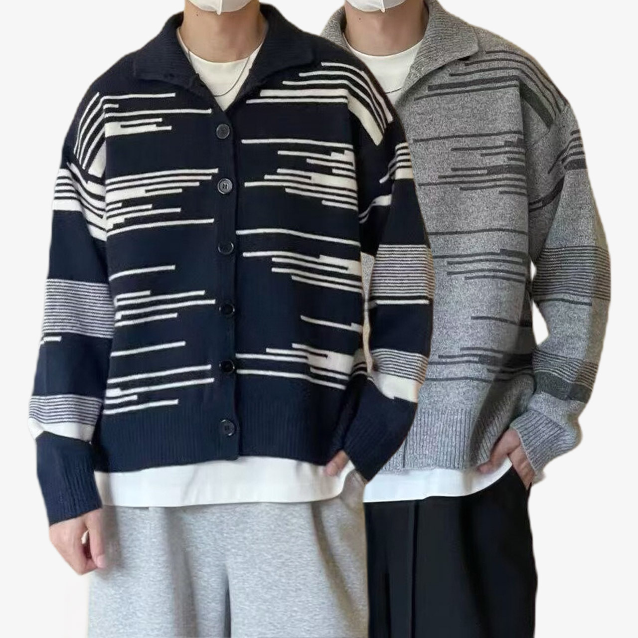 Explosiones transfronterizas de tamaño europeo tamaño grande polo collar camiseta de punto suéter hombre a rayas hebilla cardigan chaqueta fábrica al por mayor