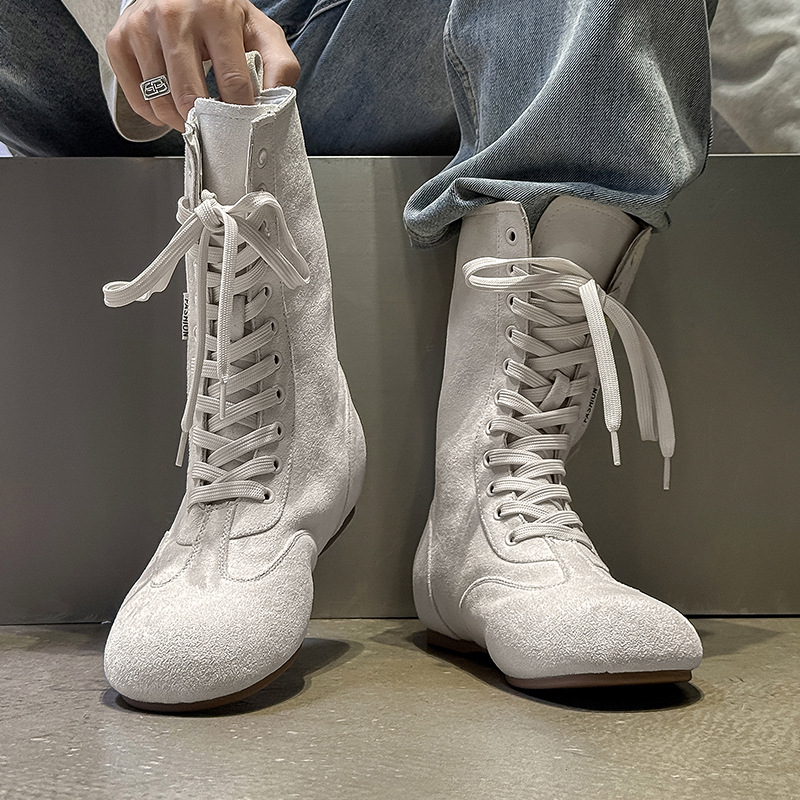 High-Top Cowboy Boots for Men and Women, Lace-Up Trendy Couple Boots 23386 Brown White-J