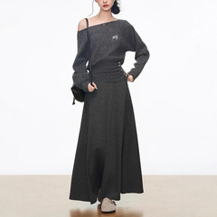 8.10新品 WESTAYON 斜肩收腰毛衣女女半身裙慵懒风套装韩系氛围感