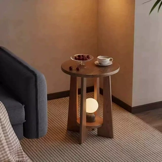 老榆木小茶几小户型茶几现代简约家用双层小圆桌客厅实木