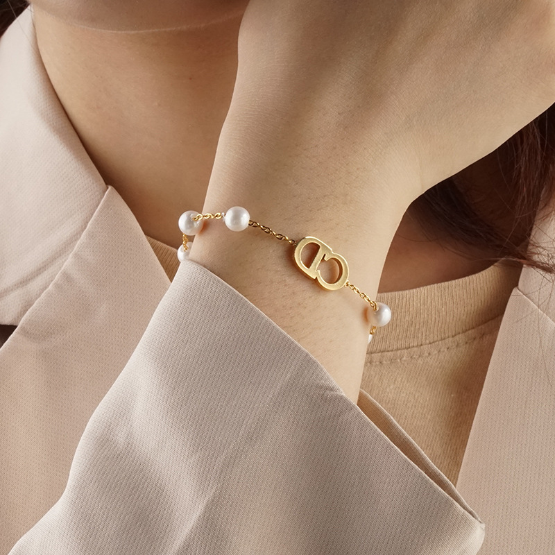 Japanese and Korean New Style Titanium Steel Bracelet Women's Anti-fade Letter CD Pearl ins Niche Light Luxury High-end Fashionable Bracelet