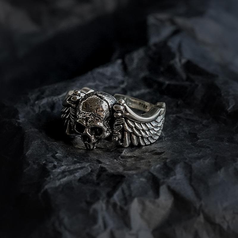 Ring Men's Trendy Retro Distressed Punk Style Thai Silver Hip-Hop Personalized Wings Skull Open Ring
