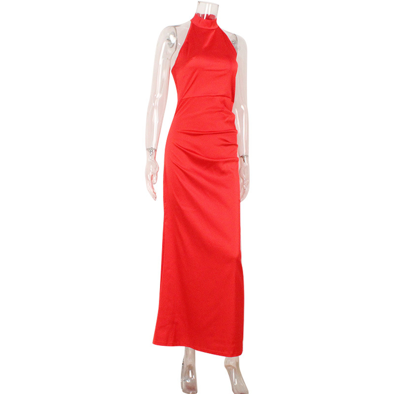 Elegance Sleeveless Halter Slim Fit Backless Satin Fashionable Simple Fishtail Hip Dress