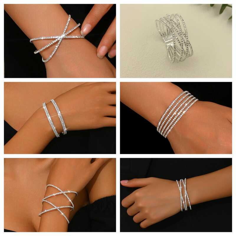 Cross-Border Jewelry Multi-Row Elastic Wide Bracelet Dance Performance Arm Ring Claw Chain Rhinestone Large Bracelet Wholesale