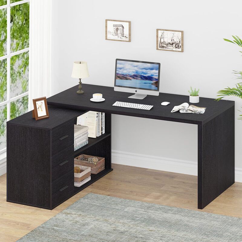 Home Corner Office Computer Desk Student Learning Writing Desk Black Rectangular Table with Storage Drawer