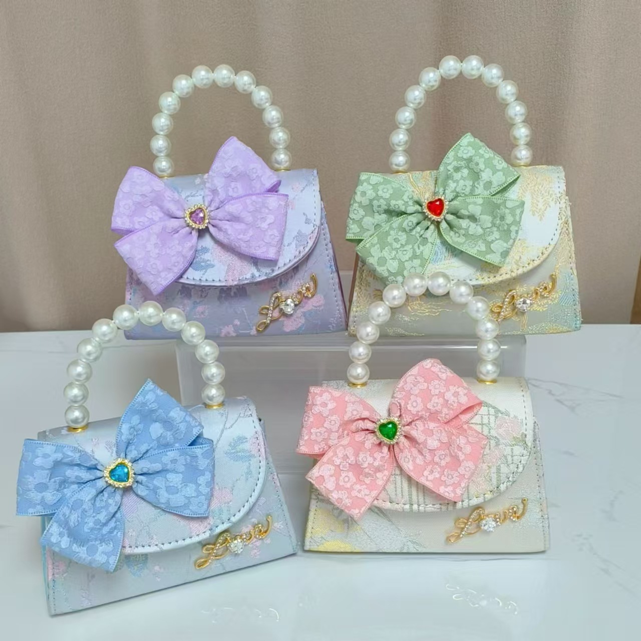 Guofeng bolso para niños, nuevo bolso de hombro de niñas, lindos bolsos de perlas de princesa, bolsos de arco, bolsos de mochila, bolsos pequeños