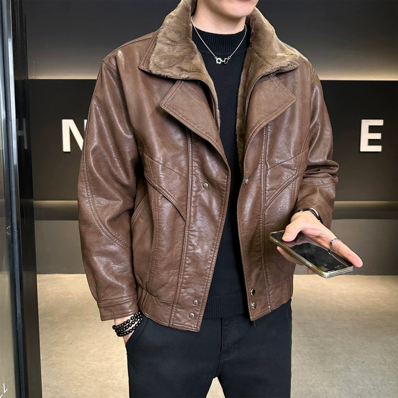 Leather jacket Zuoshan Pi Shuai motorcycle fake two-piece plush leather jacket
