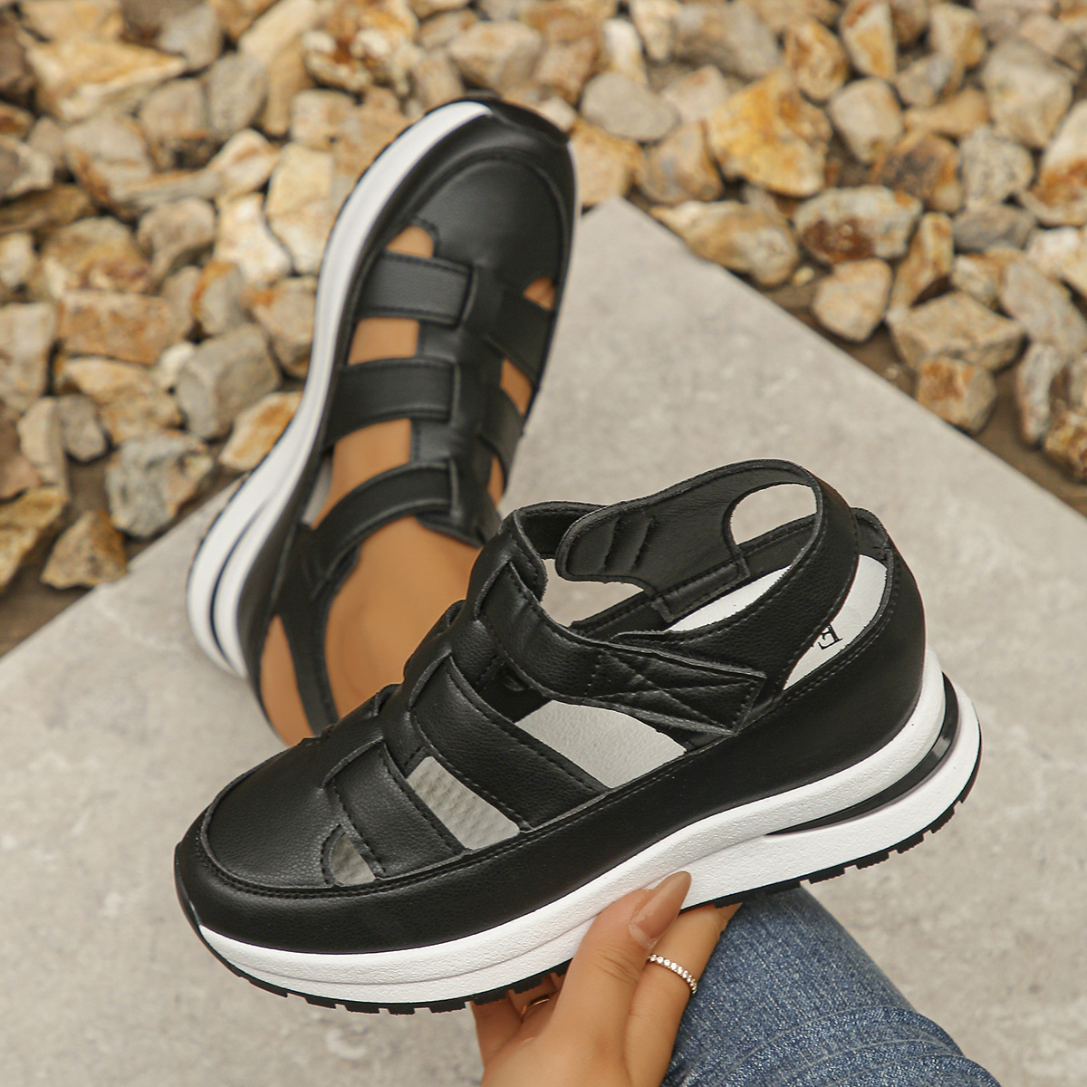 2025 Summer New Hollow Casual Breathable Thin Solid Color Wedge Sandals Platform Thick Sole Height Increasing Women's_voghion.com