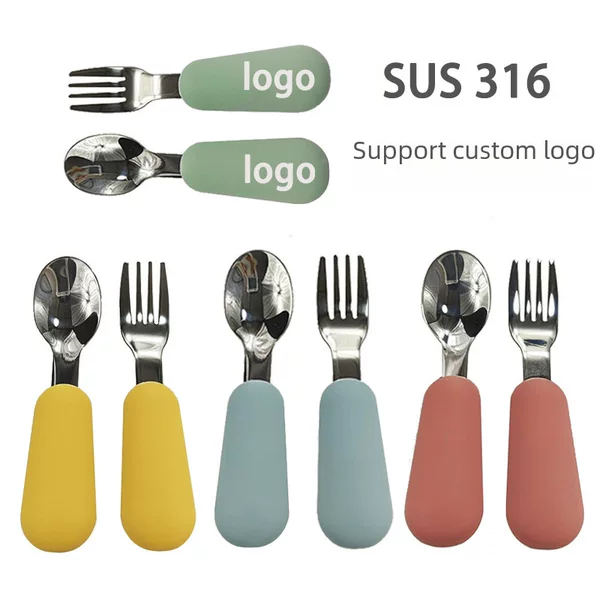Children's Stainless Steel Fork Spoon Silicone Handle for Eating Short Handle Baby's Baby's Supplementary Food Tableware Cartoon Fork Spoon