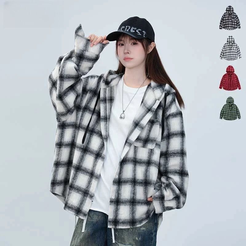 Hong Kong Style Plaid Hooded Shirt Jacket for Women Autum 2025 New Loose Lazy Style Mid-Length Casual Tops