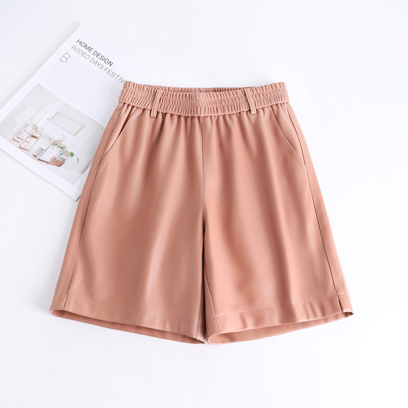 海寧本革ショートパンツ レディース 2025秋冬 羊革パンツ ハイウエスト ワイドレッグ 細見え ブーツパンツ 脚長効果