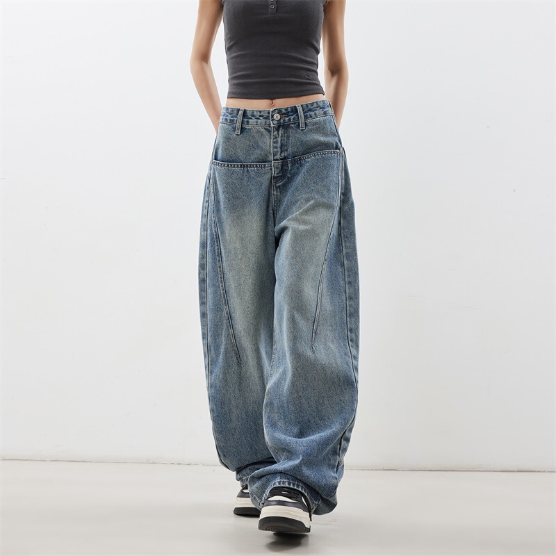 American-Style Blue Scimitar Jeans for Women 2025 Autumn and Winter Loose Wide-Leg Pants with a High-Waisted Design, New Style