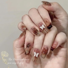 復古美拉德玫瑰蝴蝶穿戴甲暖棕色長款假指甲成品美甲貼片指甲甲片