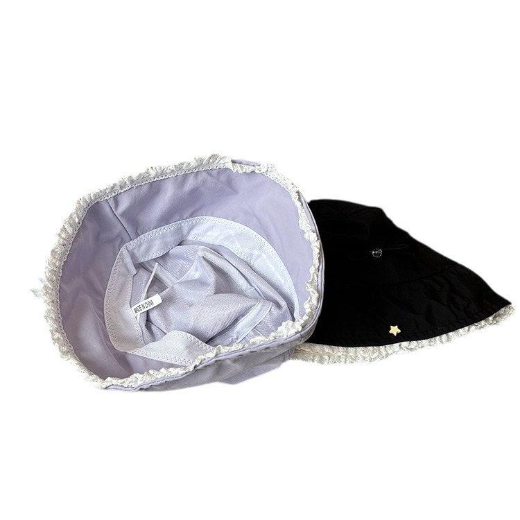 Sombrero de pescador de color sólido para mujeres primavera y otoño dulce lindo encaje arco gorra de cubo callejera cara pequeña gorra de bacon grande