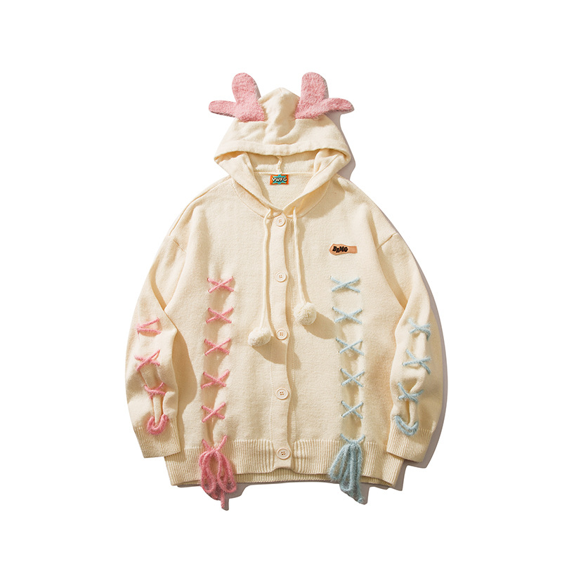 YWFG ropa de mujer americana marca de moda con sombrero corbata cardigan 2024 primavera cardigan de cuello redondo de manga larga suéter de punto