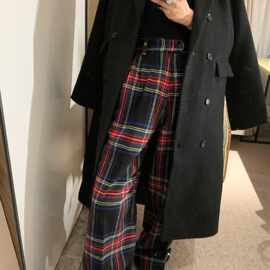 毛呢阔腿裤女新款韩版直筒宽松显瘦高腰垂坠感百搭格子裤对格对版