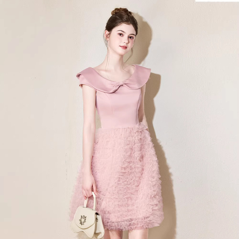Pink Engagement Dress for Petite Women, Toast Dress for Wealthy Young Ladies, Miu-Style Dress for Studying Abroad, High-End Bridesmaid Dress